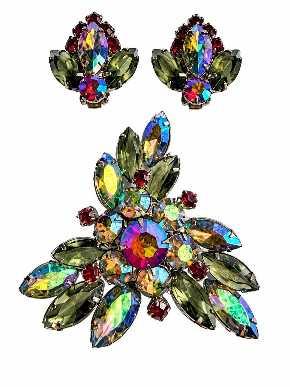 Vintage Aurora Borealis Rhinestone Floral Brooch & Clip On Earrings Set